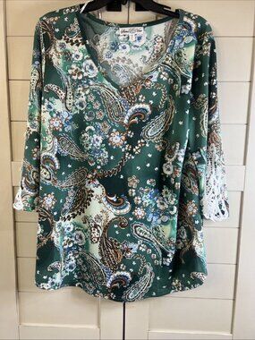 Stem & Vine Sz 1X Floral Colorful Paisley 3/4 Sleeve Blouse Lace Sleeves plus